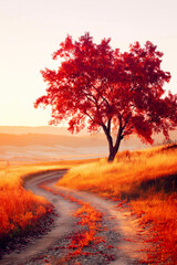 A tree with red autumn leaves in a golden field