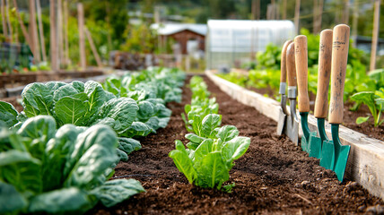 A vegetable garden with rows of leafy greens and gardening tools