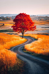 A tree with red autumn leaves in a golden field