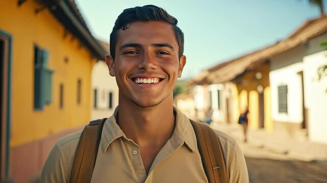 Young Backpacker Smiling Walking in Old Town Street
