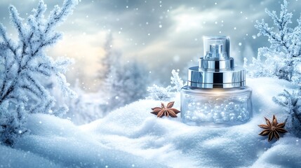 Elegant perfume bottle sitting on snow with star anise in a winter landscape, ideal for beauty and fragrance advertising campaigns