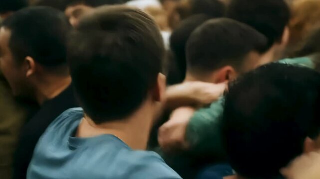 Man freezes inside tight crowd, crowd fear flashes in wide eyes, suffocating press intensifies hidden crowd fear, silent scream echoes unresolved crowd fear panic. Concept claustrophobia