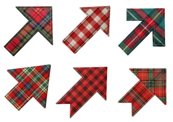 Set of cozy plaid and tartan fabric arrow icons with red and green checkered textures isolated on clean transparent background in PNG