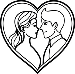 Minimalist couple silhouette embracing within a romantic heart frame isolated on white background isolated on transparent background