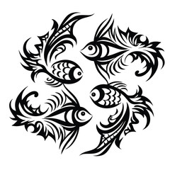 Tribal ornamented black fish silhouettes in an artistic spiral arrangement create striking patterns