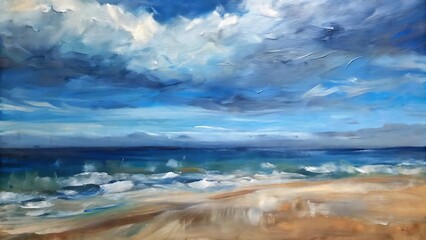 Oil painting capturing a tranquil ocean scene with vibrant blue skies and sandy shore