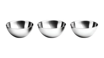 Pack Collection Three Polished Stainless Steel Mixing Bowls Kitchenware Product Shot set against transparent background
