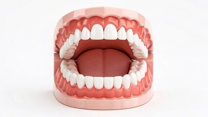Obraz premium A frontal studio shot of an open dental model, clearly displaying both upper and lower arches with perfectly aligned white teeth and healthy pink gums, against a clean white background