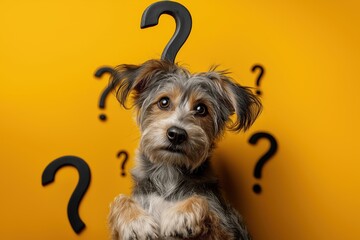 Confused little dog surrounded by question marks on a vibrant yellow background looking adorable and curious