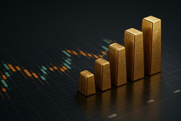 Golden bar chart showing growth on a fluctuating stock market graph. Investment and business concept for financial analysis or trading data.