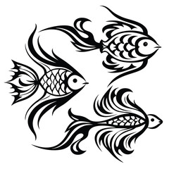 Three stylized fish swim gracefully together, showcasing intricate black markings on a crisp white background