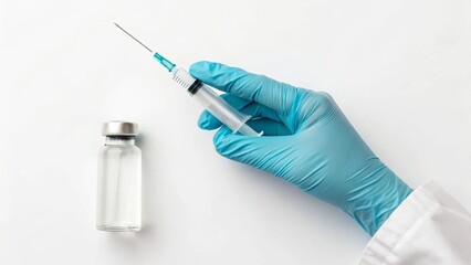 A close-up, overhead view of a medical syringe with its needle extended, held by a hand in a blue medical glove, positioned beside an unlabelled glass medicine vial