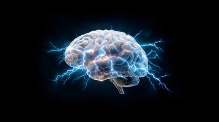 Human brain with electrical lightning discharge creating bright light. Concept of neural activity, powerful intelligence and cognition.