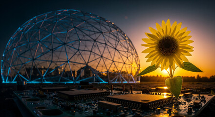 Obraz premium A sunflower blooms from a circuit board against a geodesic dome and sunset, symbolizing eco-tech harmony.