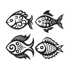 Four unique monochrome fish show varied fin and scale designs in creative patterns