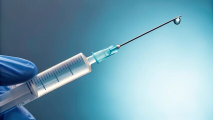 This striking image captures a syringe with a perfectly formed droplet on its needle, held by a medical professional in a blue glove. It effectively symbolizes breakthrough
