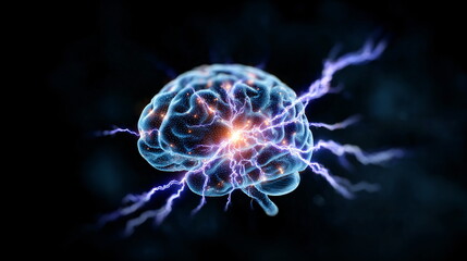 Fototapeta premium Human brain with electrical lightning discharge creating bright light. Concept of neural activity, powerful intelligence and cognition.