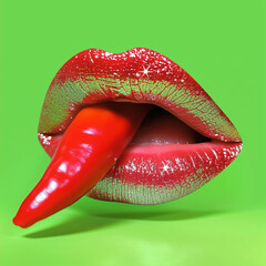 Sparkling red lips with shimmering gloss and a tongue shaped like a spicy red pepper on a neon green background. Edgy pop art with a modern twist.