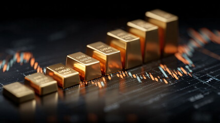 Golden bar chart showing growth on a fluctuating stock market graph. Investment and business concept for financial analysis or trading data.