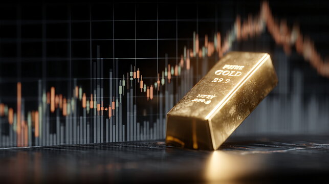 Gold bars resting on a black financial graph with data lines. Concept for global economy, investment, and precious metal trading.