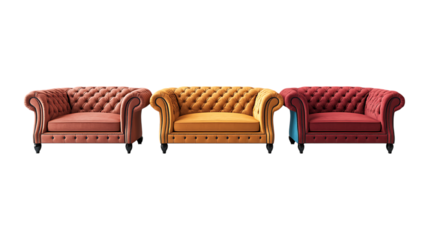 Pack Collection Three Elegant Chesterfield Armchairs Coral Mustard Burgundy Upholstery set against transparent background