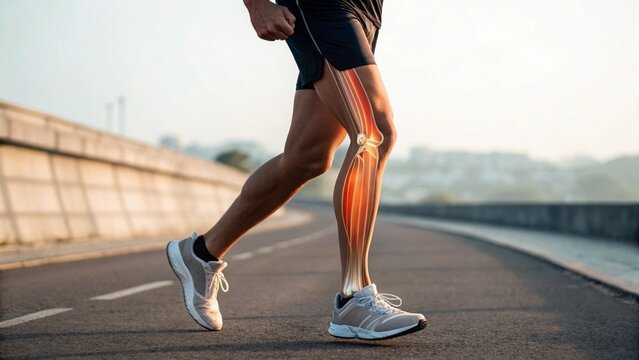 Dynamic shot of a person jogging outdoors, with a digital rendering showing the internal structure of their shin and calf