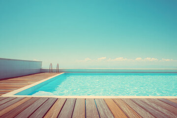 Obraz premium Empty wooden floor with swimming pool , Beautiful minimalist pool side view with clear blue sky . Vintage filter color apply