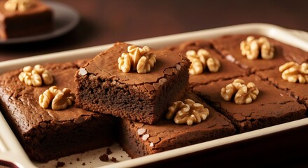 Homemade chocolate walnut brownies fresh in a baking dish