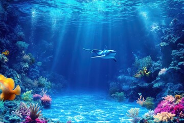 Underwater view of a blue ocean with vibrant coral reefs and a swimming shark, underwater blue ocean