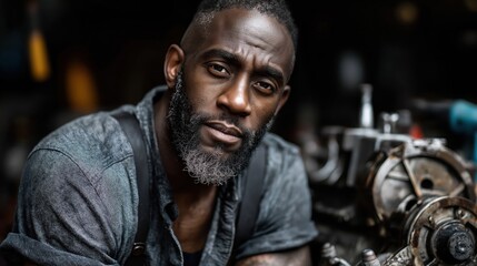 Obraz premium Dedicated black mechanic showcasing skill with a drill in a busy workshop surrounded by tools and equipment