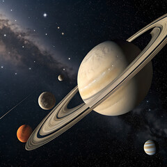 A view of saturn and its rings with other planets in the background against a starry sky backdrop - ai generated