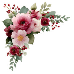Watercolor floral arrangement with pink and burgundy roses and berries isolated on transparent background