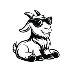 Smiling cartoon goat wearing sunglasses is happily sitting in black and white