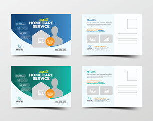 Clean and professional home care medical postcard design for nursing, elderly care, and health assistance