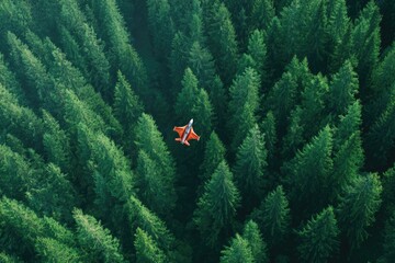 drone view of wingsuit flyer gliding over forested valley