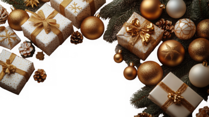 Elegant christmas presents and golden ornaments with pine branches isolated on transparent background, creating a festive and luxurious atmosphere