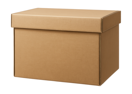 A cardboard box with a lid for storing winter clothes in the attic.