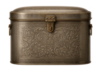 Vintage-style tin document container with decorative embossing, suitable for a retro-themed study.