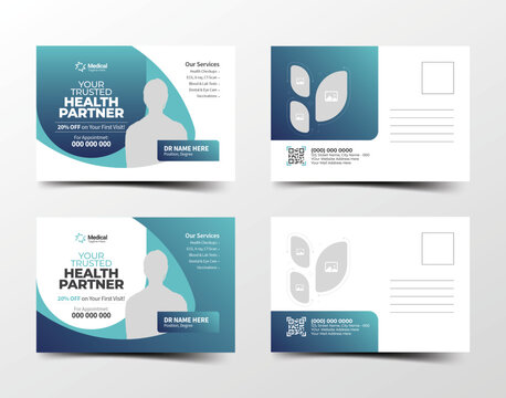 Modern medical postcard template design for clinic promotion and healthcare services