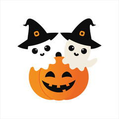 Halloween Vector with Pumpkin and Ghost Characters