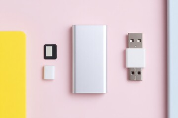flat-lay of compact electronics store essentials power bank hdmi cable memory card on pastel surface