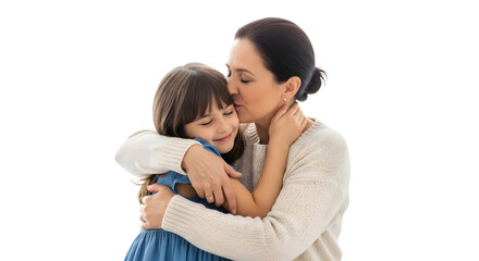 Loving Mother Gently Kissing Happy Daughter in Tender Family Moment Isolated on PNG Background.