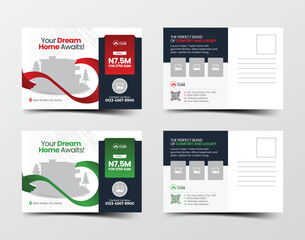 Sleek modern real estate postcard template featuring elegant wavy design and editable photo placeholders with versatile color variations