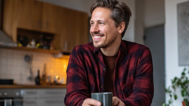 Man with a cheerful expression sits at a kitchen table holding a mug, enjoying a peaceful morning in a bright and inviting space