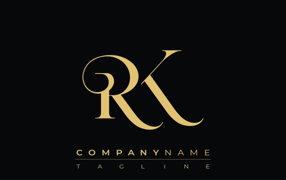 RK Abstract Creative Jewelry Logo. A stylish logo featuring golden monogram initials in an elegant and modern typography, perfect for branding