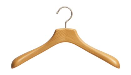 Wooden hanger with a curved silhouette, ideal for hanging coats in a private house closet.