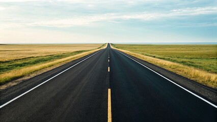 Fototapeta premium Long, straight asphalt road stretching to a distant horizon through vast, flat green fields under a clear, open sky, symbolizing endless possibilities.