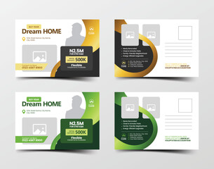 Real estate postcard design bundle with gold and green color schemes for property marketing and business promotion