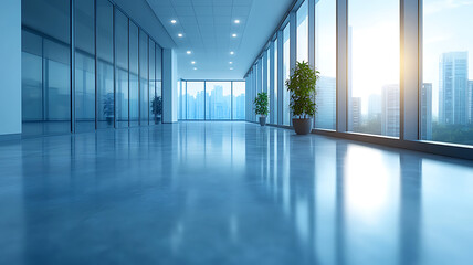 Fototapeta premium Modern office interior with city view and large windows,reflective flooring,pot plants enhancing workplace ambiance,professional and clean aesthetic,natural light