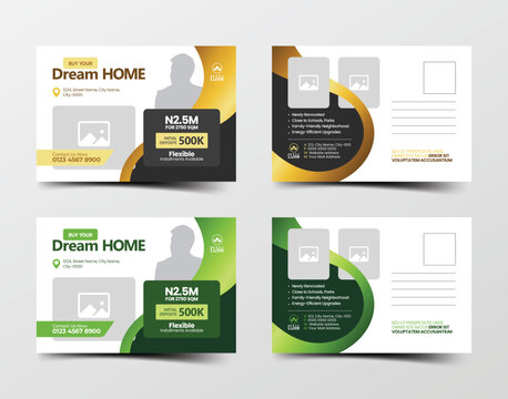 Real estate postcard design bundle with gold and green color schemes for property marketing and business promotion
